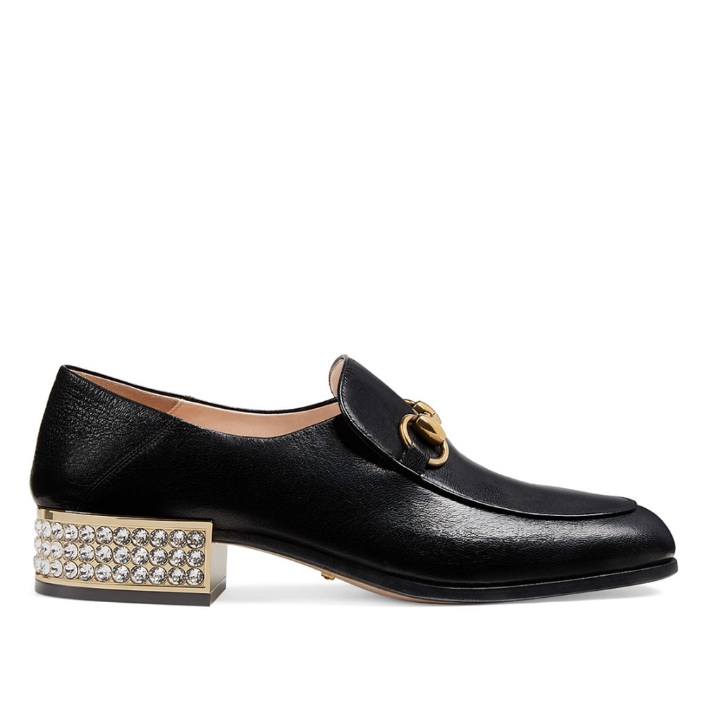 Gucci Horsebit Leather & Crystal Heel Loafers in Black